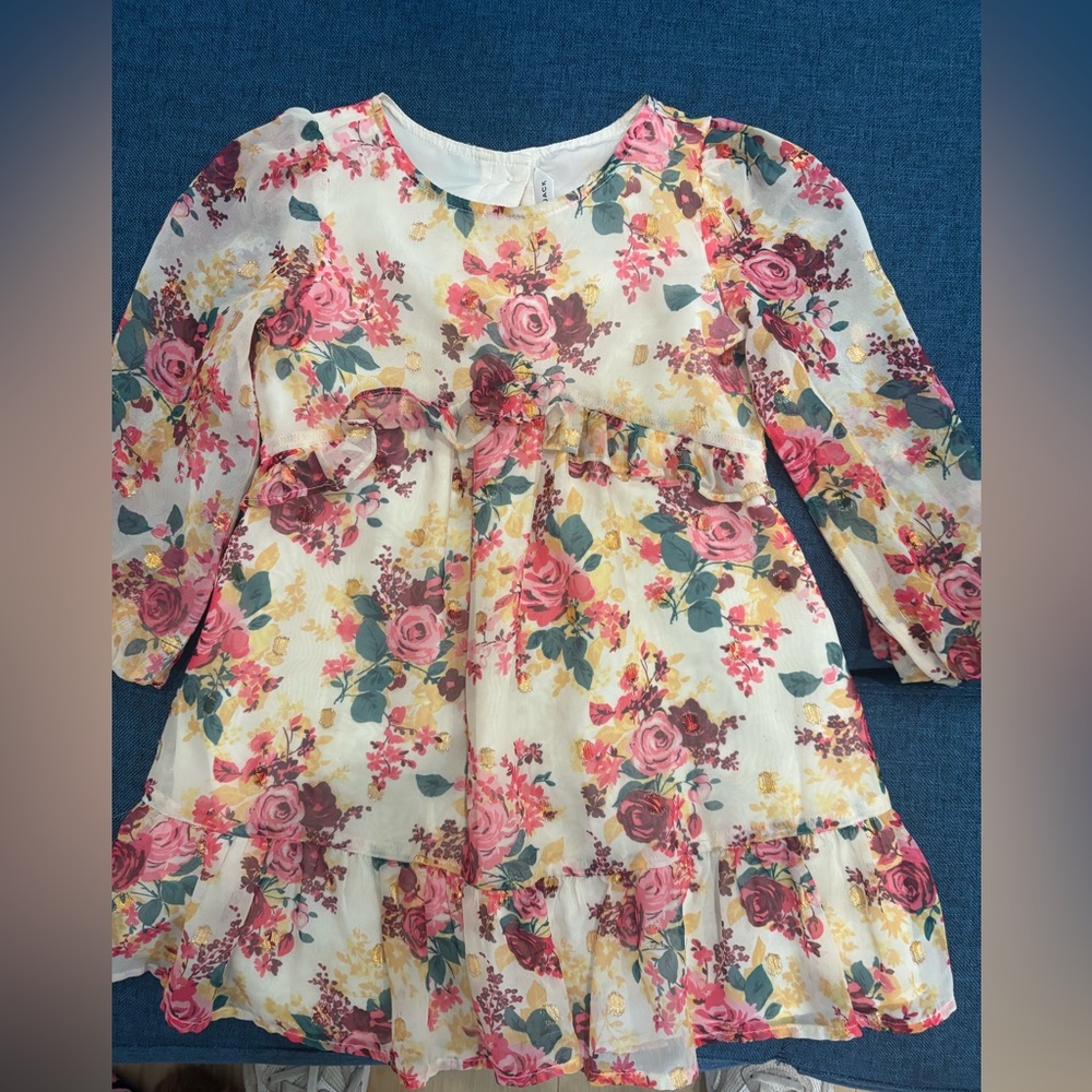 Janie and Jack Cream Dress with Pink Rose Print